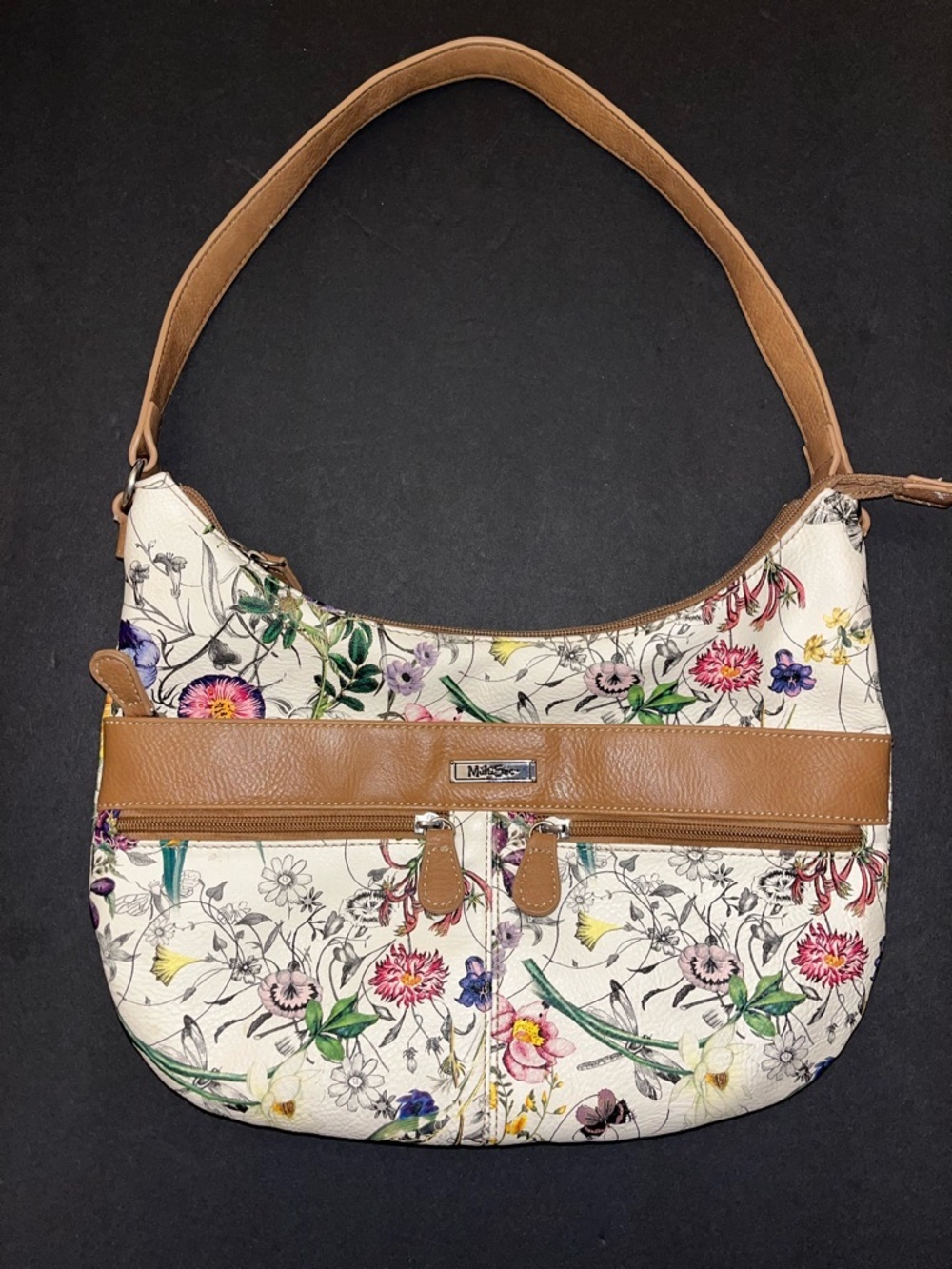 Floral Shoulder Bag in Cream and Tan with Multicolor Blooms